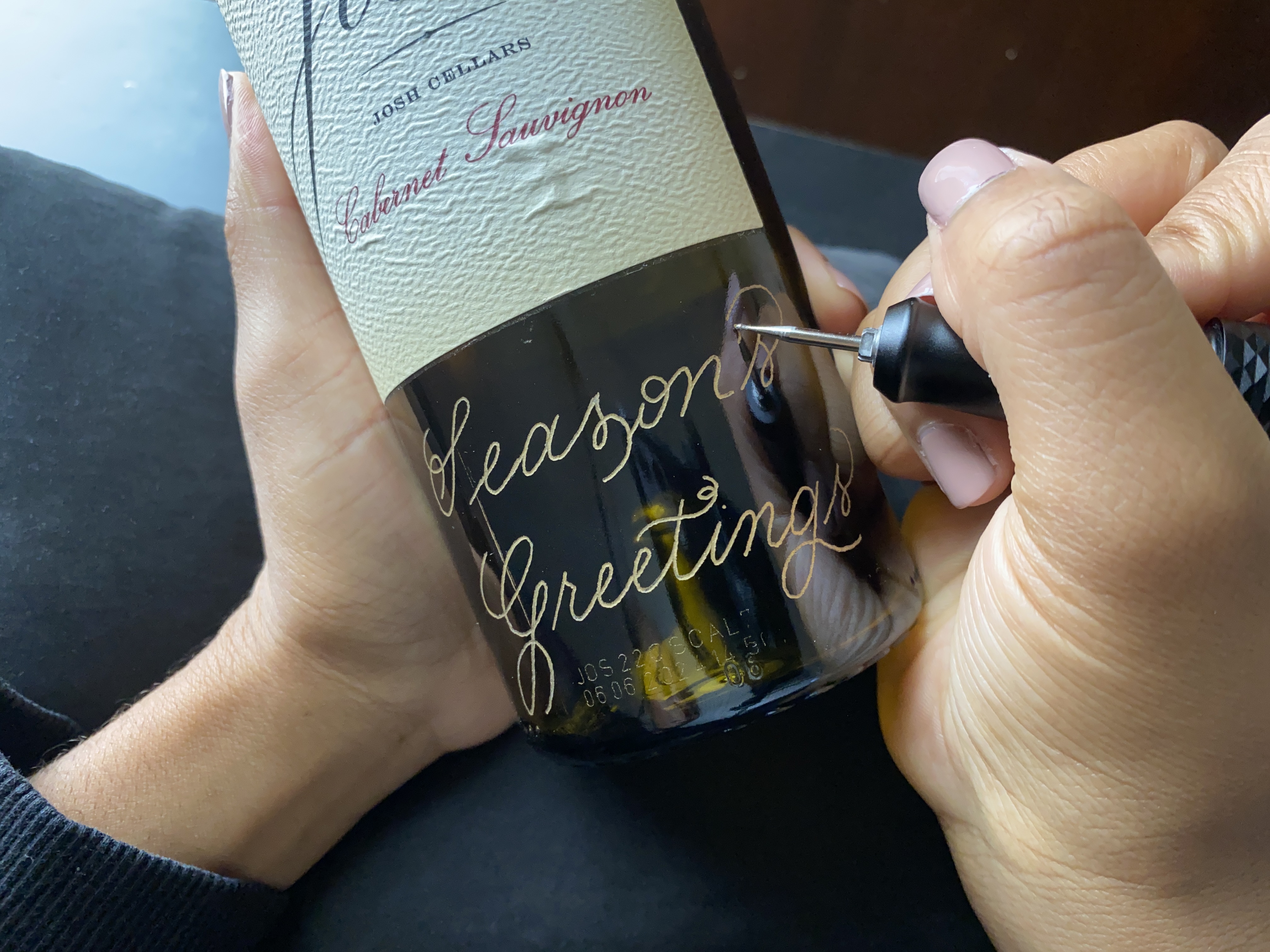 Hand-engraved wine bottle